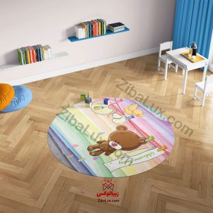 فرش گرد کودک خرس رنگین کمان - قهوه ای