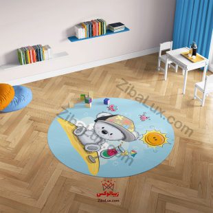 فرش گرد کودک خرس شاد آبی