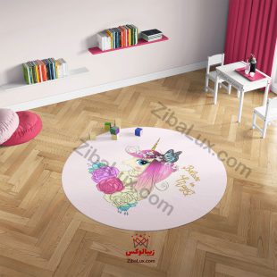 فرش گرد کودک دخترانه اسب تکشاخ و گل صورتی (یونیکورن)