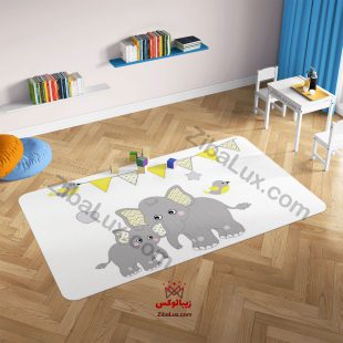 فرش کودک فیل مادر و کودک طوسی زرد