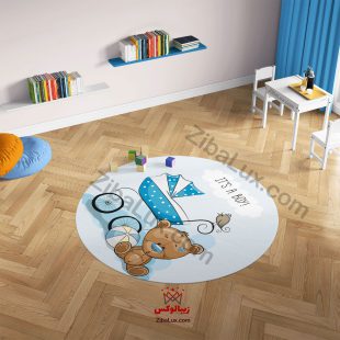 فرش گرد کودک خرس و کالسکه آبی پسرانه